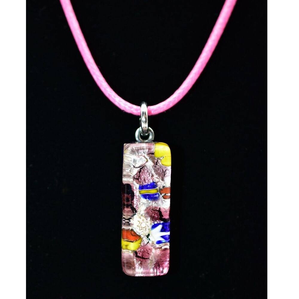 Vintage Murano Glass Pendant Necklace Rectangle Pink Made In Italy Signed Bin4